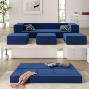 Vivaadecor 80'' Folding Sofa Bed, Velvet Floor Couch Bed with 3Ottomans& Washable Cover, Memory Foam Couch, Fold Out Futon Sleeper for Guest/Living Room/Playroom, Queen, Blue