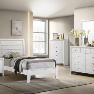 GOWE 1pc Twin Size White Finish Panel Bed Geometric Design Frame Softly Curved Headboard Wooden Youth Bedroom Furniture