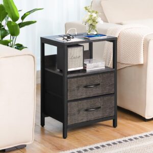 Yoobure Nightstand with Charging Station, Small Night Stand with Fabric Drawers and Storage Shelf for Bedrooms, Nightstands for Small Spaces, Bedside Table with USB Ports & Outlets, Bed Side Table