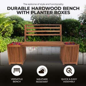 Four Seasons Courtyard Leigh Country Outdoor Wooden Bench Durable All Weather Backyard Patio, Entryway Balcony, or Deck Furniture Seating with 2 Planter Boxes, Tan