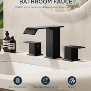 FORIOUS Bathroom Faucets, Black Bathroom Faucet 3 Hole, Waterfall Matte Black Bathroom Faucet with Pop-up Drain and Supply Lines, 8 Inch Widespread 2 Handle Faucet for Bathroom Sink Vanity RV