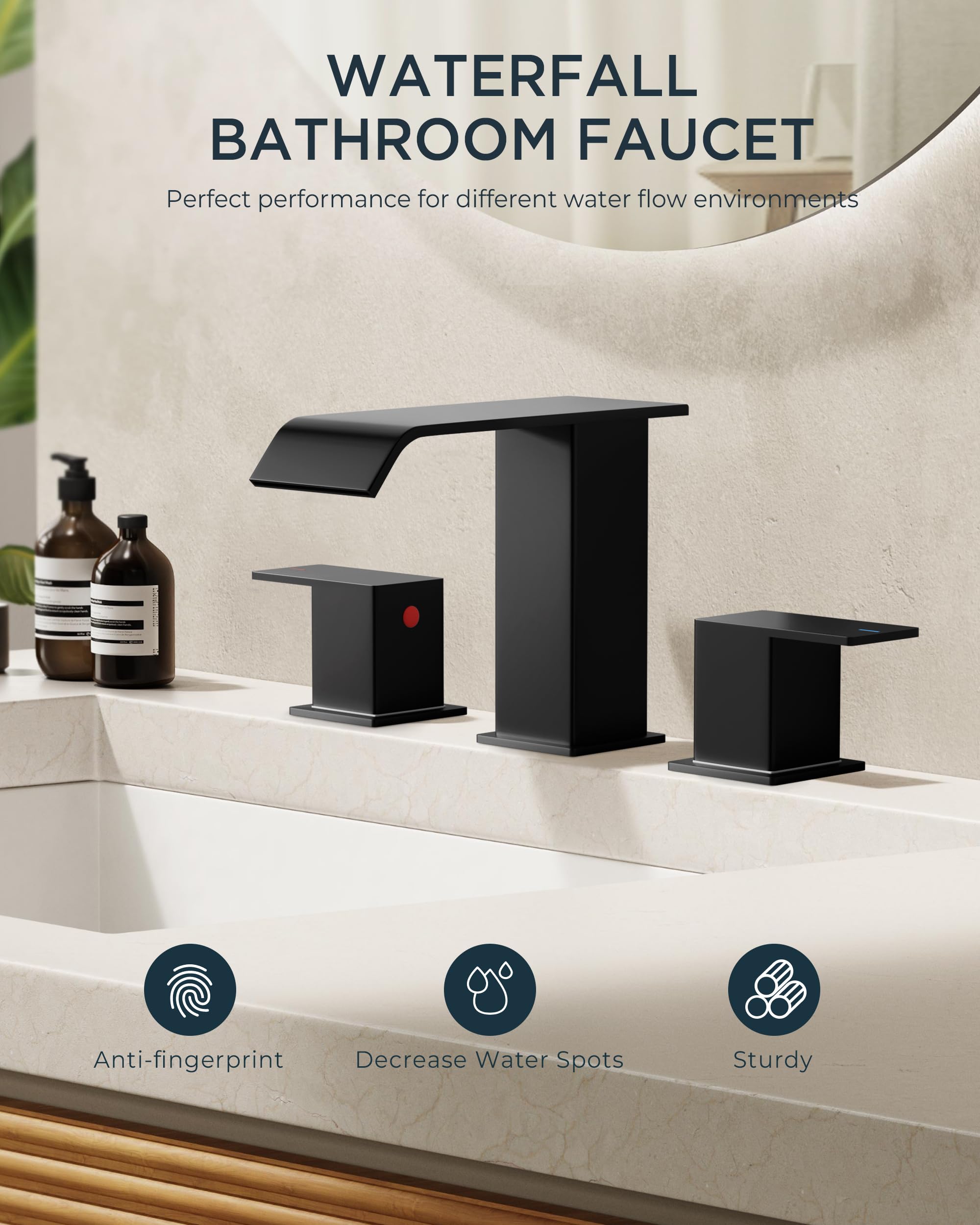 FORIOUS Bathroom Faucets, Black Bathroom Faucet 3 Hole, Waterfall Matte Black Bathroom Faucet with Pop-up Drain and Supply Lines, 8 Inch Widespread 2 Handle Faucet for Bathroom Sink Vanity RV