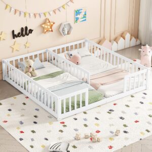 mirightone double floor bed frames for kids, wood montessori bed with fence rails, two twin bed frames for kids boys girls children, white