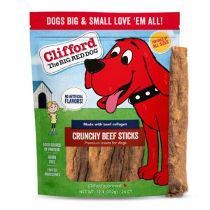 clifford® crunchy beef sticks for dogs | healthy dog treats small dogs, all breed sizes | real collagen beef dog treats, grain and rawhide free, natural dog treats - limited ingredients (24 count)