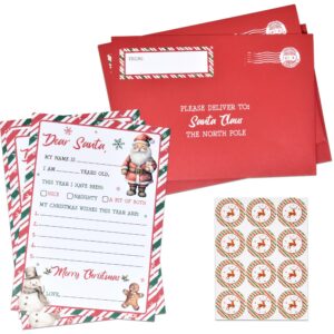 12 Christmas Official Letter To Santa Writing Kit Stationary Paper Sheets with Red Envelopes Address & Seal Stickers Holiday Family Tradition Nice & Naughty Wish List