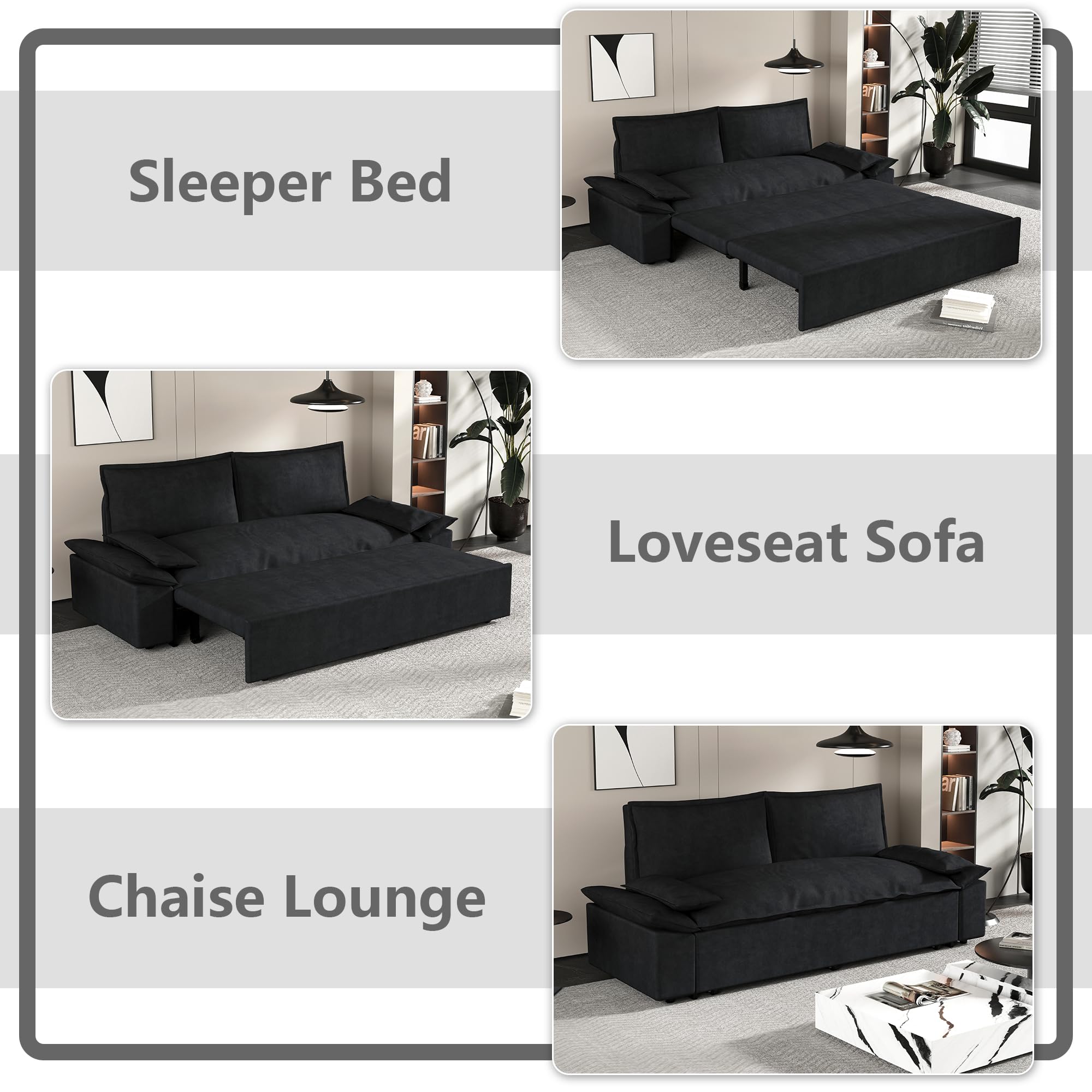 VEPXXP 70.1" Convertible Sleeper Sofa with Pull Out Bed, Futon Sofa Bed Queen Size, Black Loveseat Sofa for Living Room, Small Space Sofa Cama for Apartment