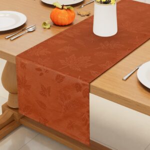 smiry thanksgiving table runner, 13x72 inch waterproof fabric fall table runner, autumn leaves damask table runner for harvest parties, and holiday dinner, rust