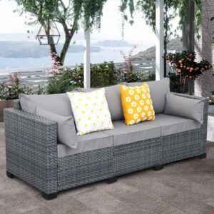 Lviden Wicker Patio Couch, Outdoor 3-seat Sofa, All Weather PE Rattan, Deep Seating Deck Furniture Set with Grey Cushions