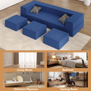 Vivaadecor 80'' Folding Sofa Bed, Velvet Floor Couch Bed with 3Ottomans& Washable Cover, Memory Foam Couch, Fold Out Futon Sleeper for Guest/Living Room/Playroom, Queen, Blue