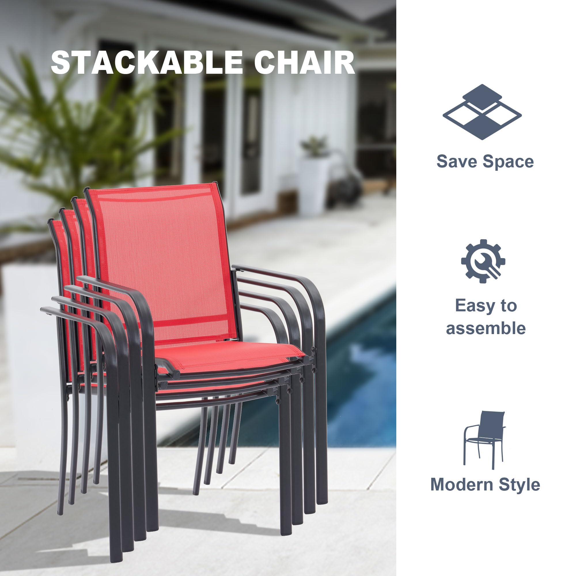 VICLLAX Patio Dining Chairs Set of 2, Stackable Outdoor Chairs Set with Armrests for Poolside, Backyard, Garden, Deck, Porch, Red