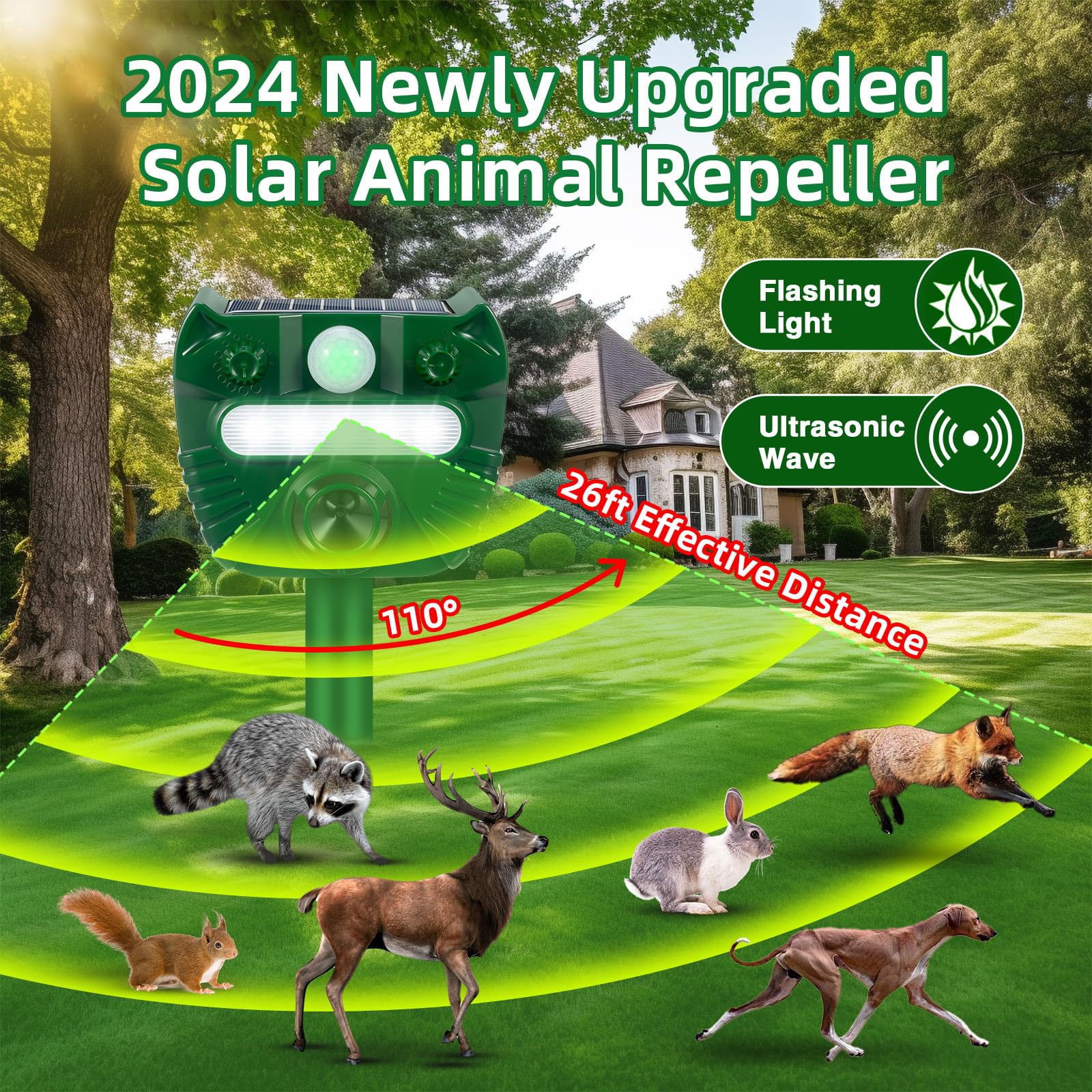 Ultrasonic Animal Repellent Outdoor Solar Animal Repeller with Motion Detection&Strobe Flashing Light Sensor Deer Repellent Devices Cat Deterrent for Rabbit Raccoon Squirrel Repellent for Yard (2)