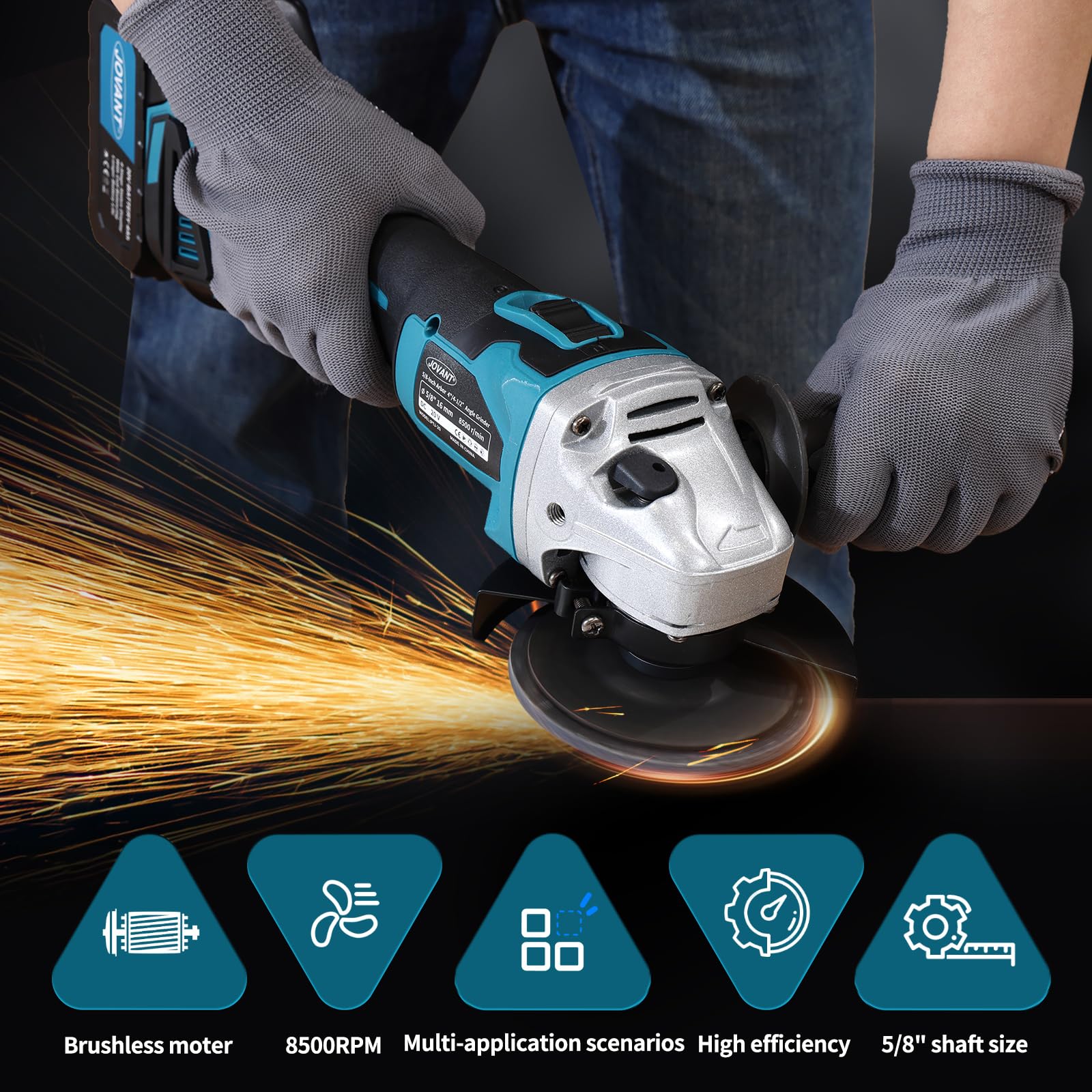 20V Cordless Angle Grinder, 4" and 4-1/2" Electric Angle Grinder Kit with 2x4.0Ah Batteries and Charger, Handle, 8500RPM Power Grinder Brushless Motor for Cutting/Sharpening/Removing Rust -JOVANT