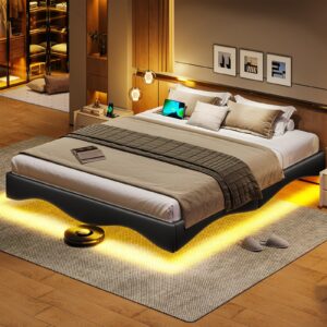 msmask floating bed frame queen with led lights, upholstered platform bed frame queen size with type-c & usb port, modern wavy visual floating metal bed frame, no box spring needed, black