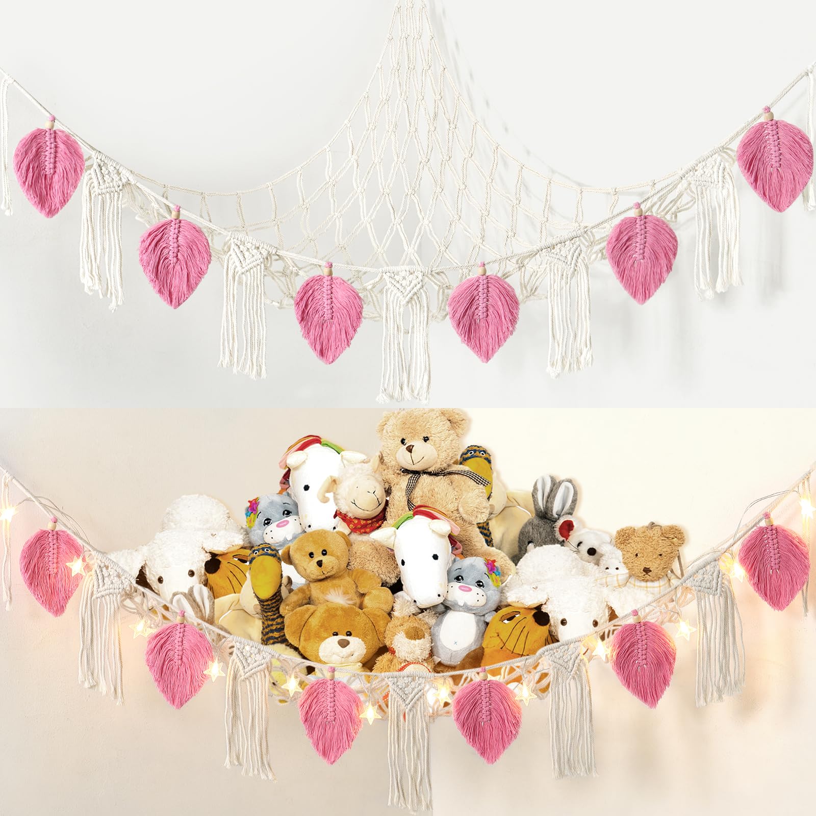 Dremisland Stuffed Animal Toy Net Hammock with Star Light Boho Leaf Macrame Tassel Corner Toy Organizer Bohemian Woven Decor Display Holder for Girls Room Nursery Kids Bedroom Play Room Decor (Pink)