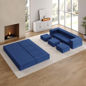 Vivaadecor 80'' Folding Sofa Bed, Velvet Floor Couch Bed with 3Ottomans& Washable Cover, Memory Foam Couch, Fold Out Futon Sleeper for Guest/Living Room/Playroom, Queen, Blue