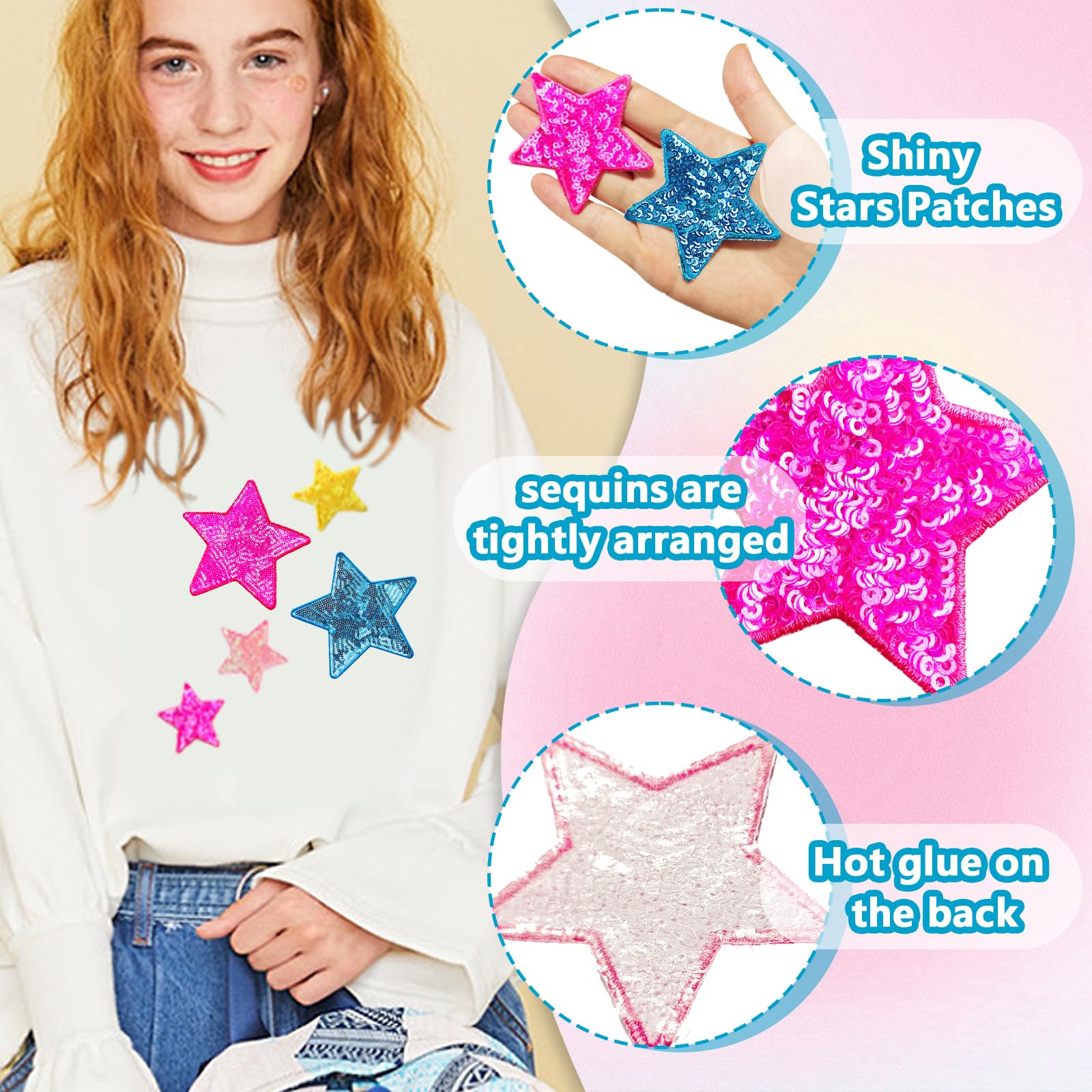 20Pcs Sequin Star Iron on Patches Shiny Stars Patches Embroidery Sequin Patches for Clothes Hats Backpacks Costume