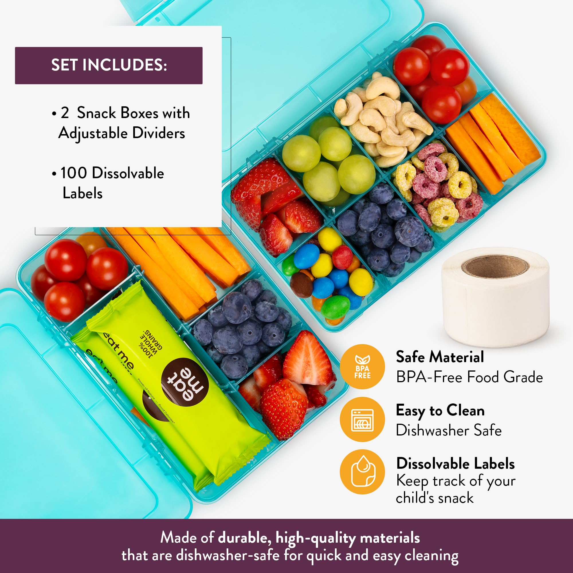 Snack Box Containers Set of 2-Reusable,100 Dissolvable Labels, 8 Adjustable Compartments, Dishwasher Safe, BPA-Free, Food Grade, Durable Design, PARENT TESTED PARENT APPROVED AWARD (2 Pack) (Cyan)