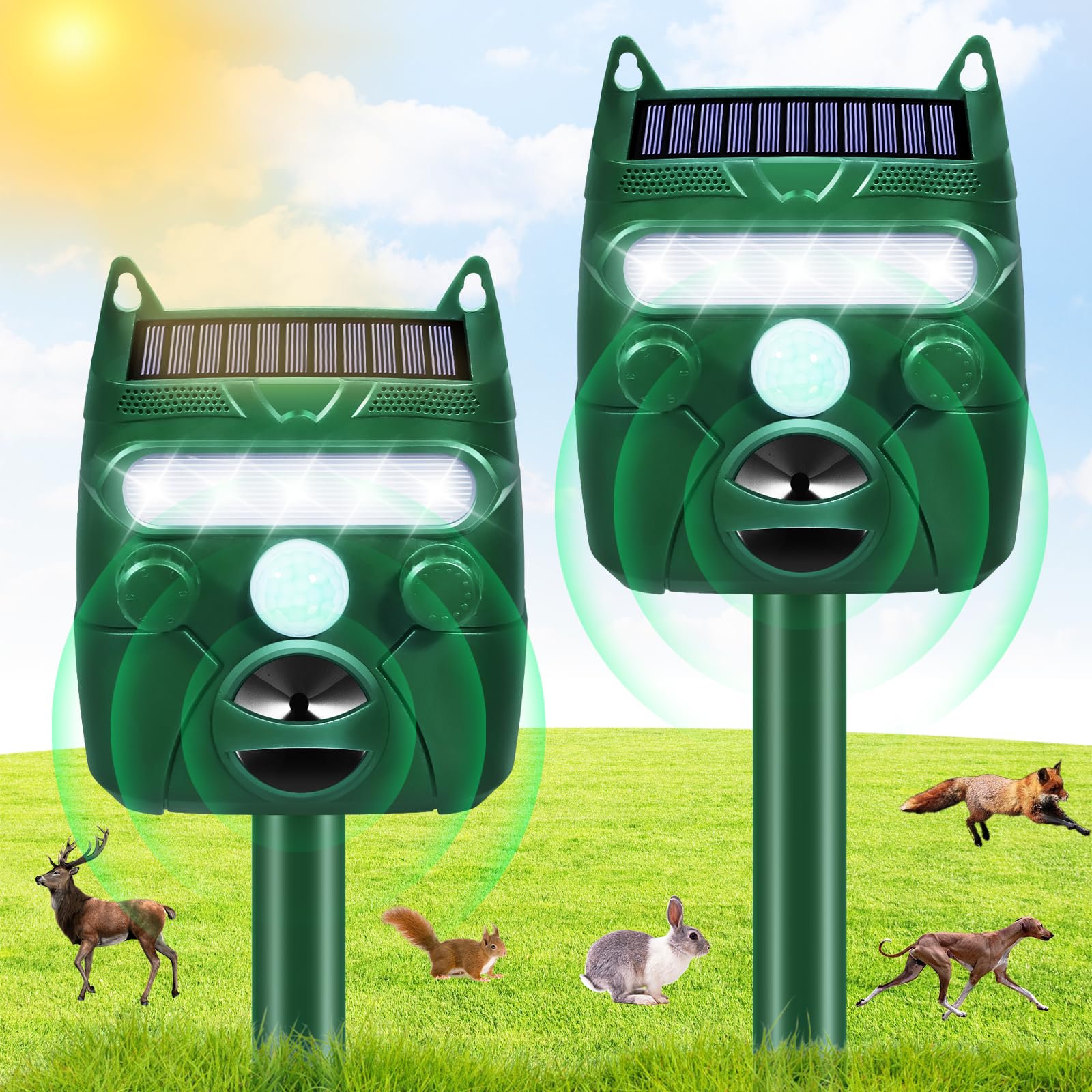 2Pack Ultrasonic Animal Repellent Outdoor Solar Animal Repeller with Motion Sensor&LED Strobe Light Cat Repellent Outdoor Deer Repellent Devices Waterproof Skunk Repellent for Yard Garden (2), GREEN