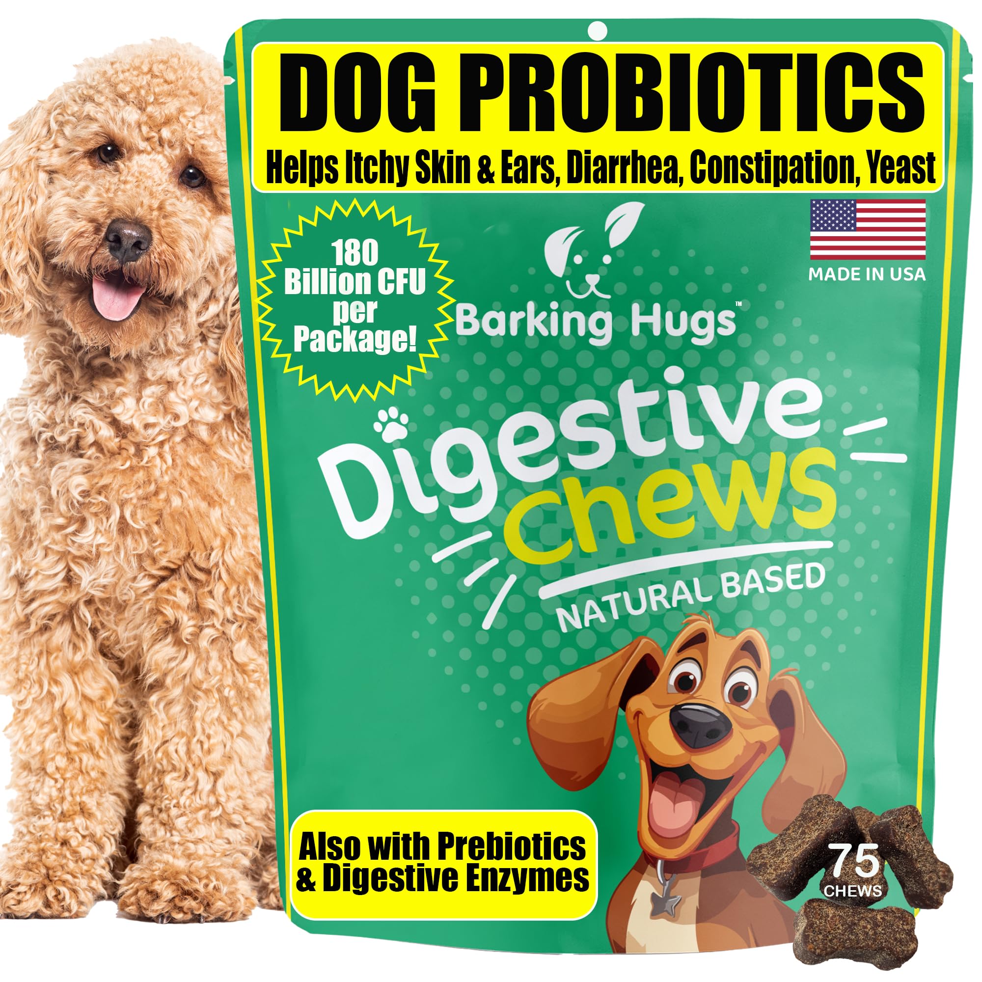 Barking Hugs Digestive Chews - Natural Probiotic & Prebiotic Enzyme Treats for Dogs - 6 Digestive Enzymes - Helps with Itching, Allergies, Gut Health, Digestion & Diarrhea