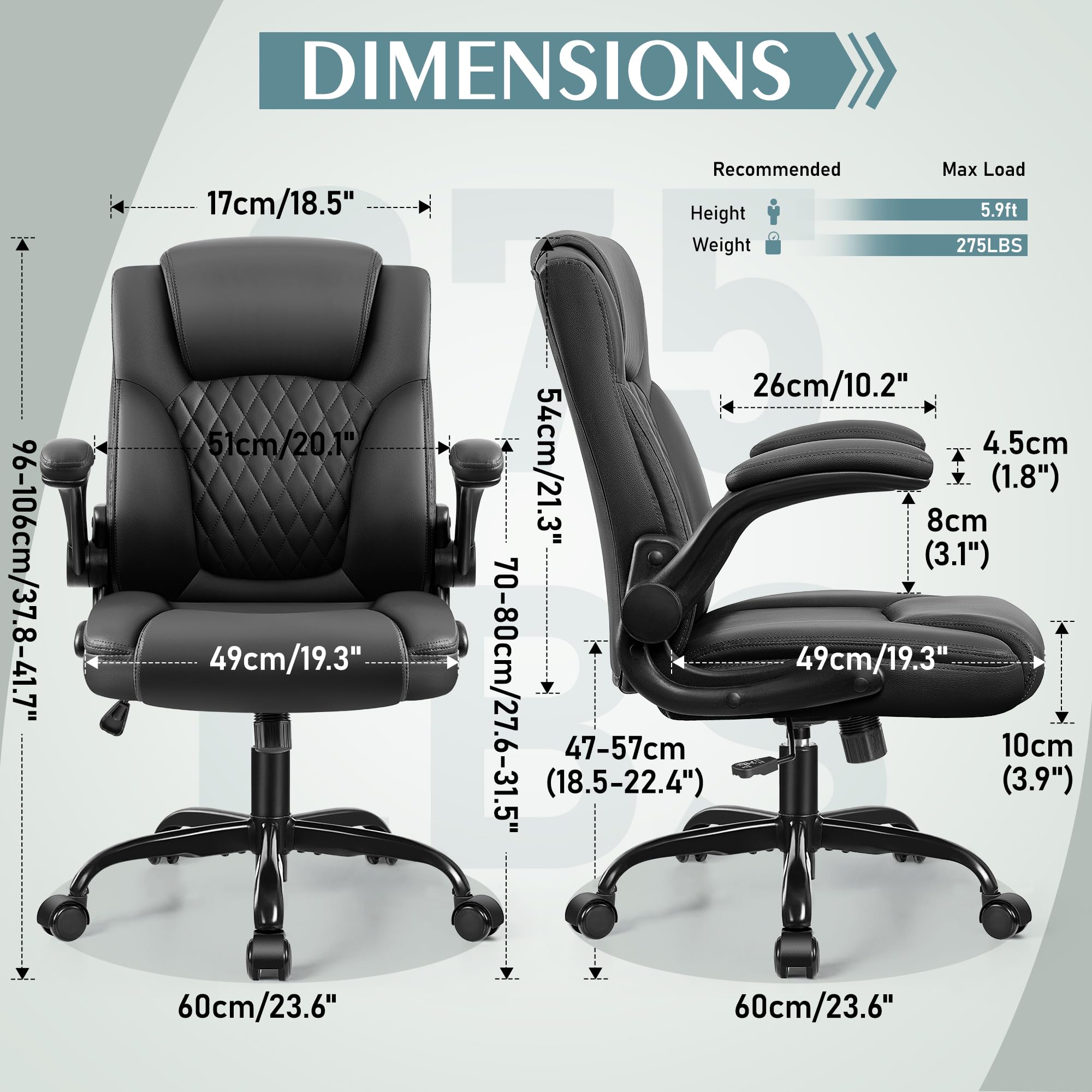 Leather Office Chair, PU Home Computer Desk Chairs with Ergonomic Back Support, 360°Swivel Free，Small Gmaing Chair with Wheels and Adjustable Armrests, for Short People Use, Black