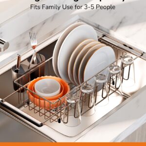 ULG Dish Drying Rack Kitchen Sink Dish Drainer Stainless Steel in/Over The Sink Drying Rack for Dishes Plates Glasses Silverware with Cup and Cutlery Holders Quick Drying Arms Extendable, Medium Size