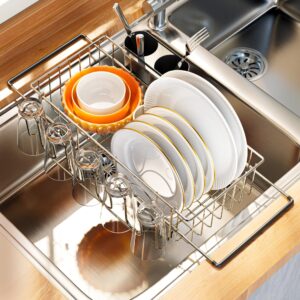 ulg dish drying rack kitchen sink dish drainer stainless steel in/over the sink drying rack for dishes plates glasses silverware with cup and cutlery holders quick drying arms extendable, medium size