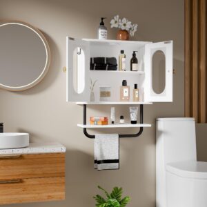 Creso hom Medicine Cabinet, Wood Bathroom Wall Cabinet with Adjustable Shelf and Hooks, Towel Bar, 3 Tier Bathroom Cabinet Wall Mount Storage Cabinets for Living Room, Bedroom, Kitchen, White