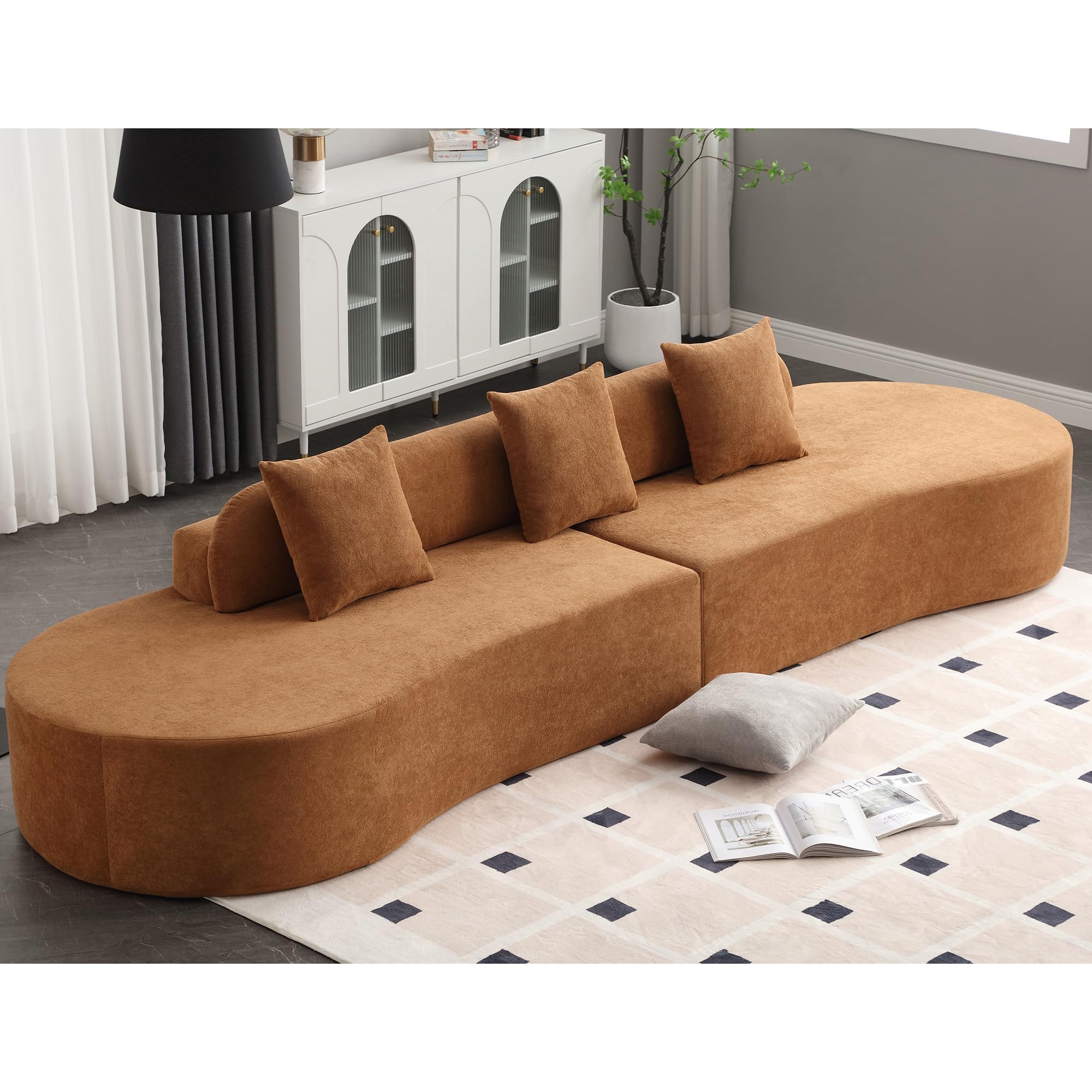 Taiweny 130.5” Large Curved Couch, Modern Funky Comfy Cloud Sectional Sofa with 3 Pillows for Living Room Apartment Office, No Assembly Required, Terrycloth Fabric, Brown