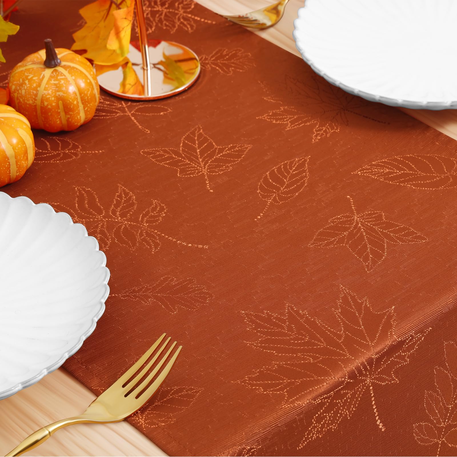 Smiry Thanksgiving Table Runner, 13x72 Inch Waterproof Fabric Fall Table Runner, Autumn Leaves Damask Table Runner for Harvest Parties, and Holiday Dinner, Rust