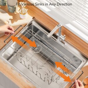 ULG Dish Drying Rack Kitchen Sink Dish Drainer Stainless Steel in/Over The Sink Drying Rack for Dishes Plates Glasses Silverware with Cup and Cutlery Holders Quick Drying Arms Extendable, Medium Size