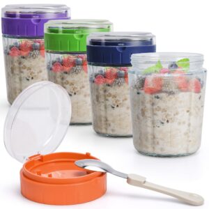 eonjoe large overnight oats containers to go,4 pack glass meal prep jars 2 cups wide mouth yogurt pudding storage airtight