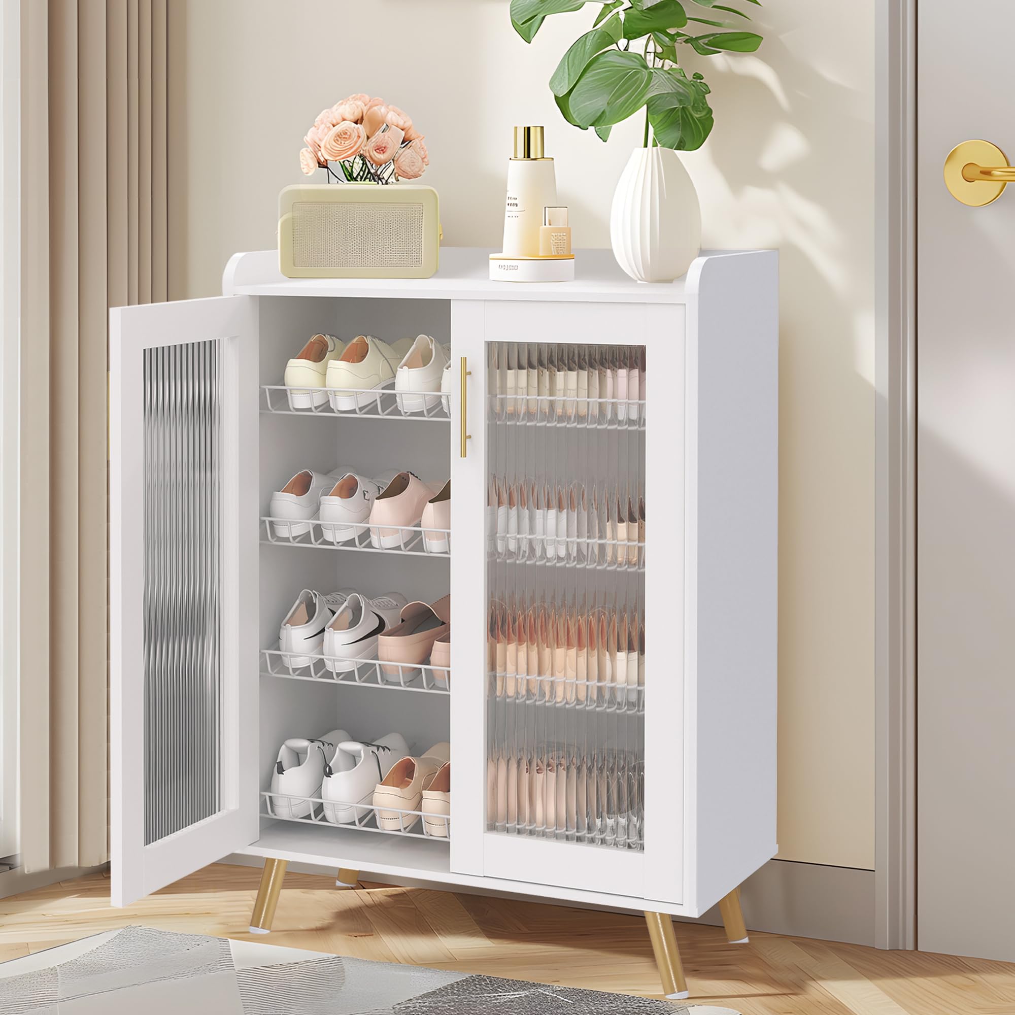 VECELO Shoe Cabinet Storage for Entryway, 4-Tier Free Standing Organizer with Doors and Shelves, Using for Hallway