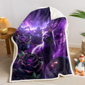 ailonen 3d cat sherpa fleece throw blanket, oil purple rose with black cat sherpa blanket for kids boys girls,boho starry night sherpa throw blanket all season, 70 x 55 inches