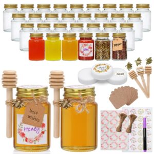 comudot 2 oz glass shot mini bottles,32 pack mini glass honey jars with golden and white lids,metal bees decoration, suitable for herb, liquid, ginger,sauce