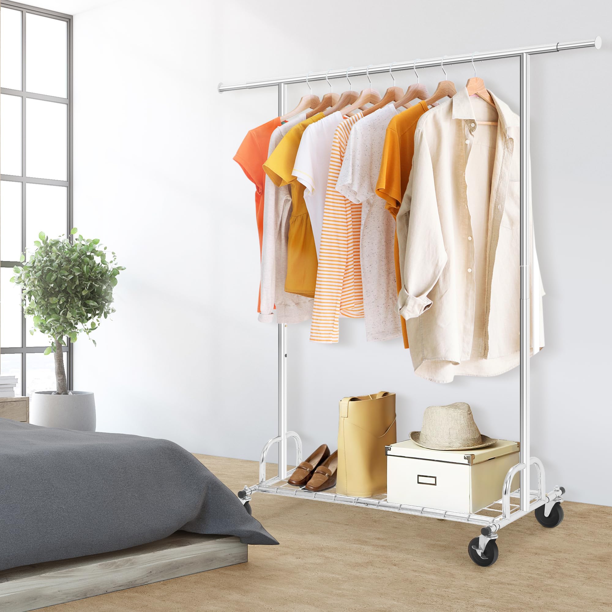 Rengue Clothing Rack Rolling Clothes Racks for Hanging Clothes, Heavy Duty Garment Rack Holds 450LBS, Portable Collapsible Clothes Racks with Wheels for Closet Bedroom Laundry Room