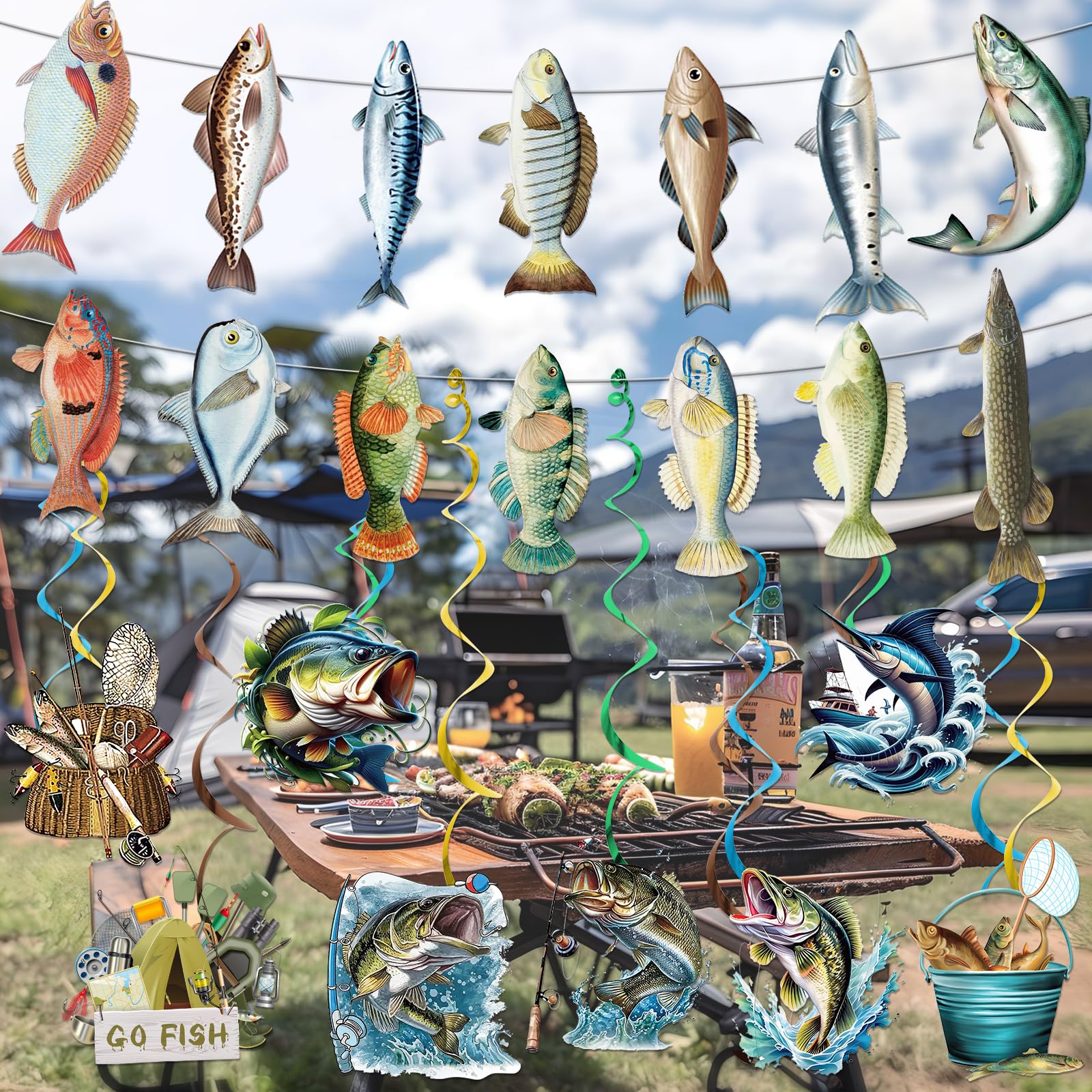 Gone Fishing String Hanging Banner Gone Fishing Party Decoration Fishing Birthday Party Decoration Fishing Party Supplies with Fishing Hanging Decorations for Fishing Decorations