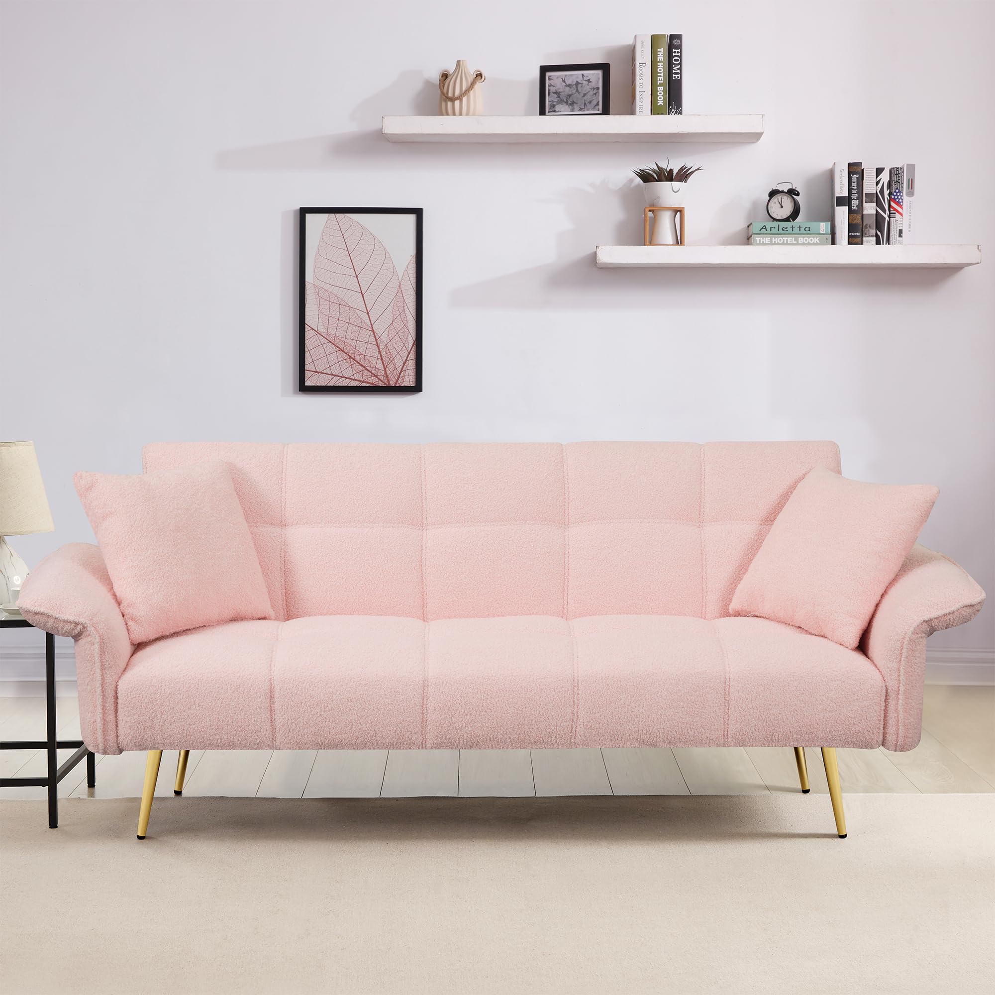 Aoowow Teddy Fabric Futon Couch with 2 Sort Bed Pillow, Love seat Sofa Bed with Adjustable Armrests Backrest for Small Spaces, Modern Recliner Futon Sofa for Living Room (Pink Teddy Fabric)