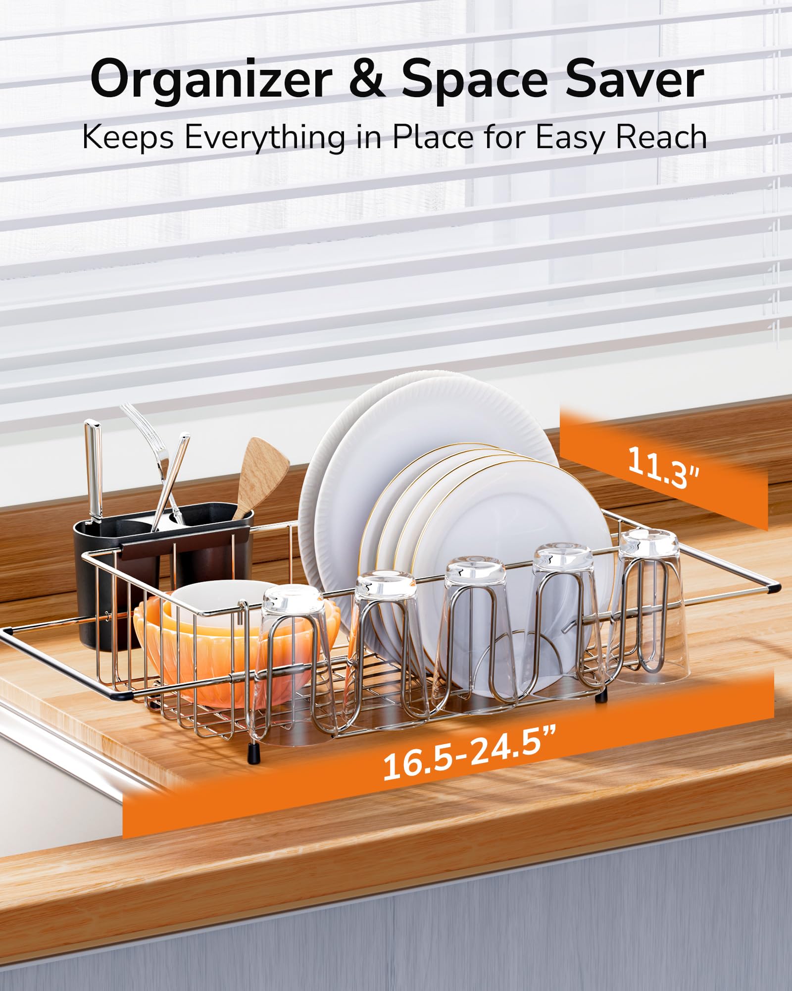 ULG Dish Drying Rack Kitchen Sink Dish Drainer Stainless Steel in/Over The Sink Drying Rack for Dishes Plates Glasses Silverware with Cup and Cutlery Holders Quick Drying Arms Extendable, Medium Size