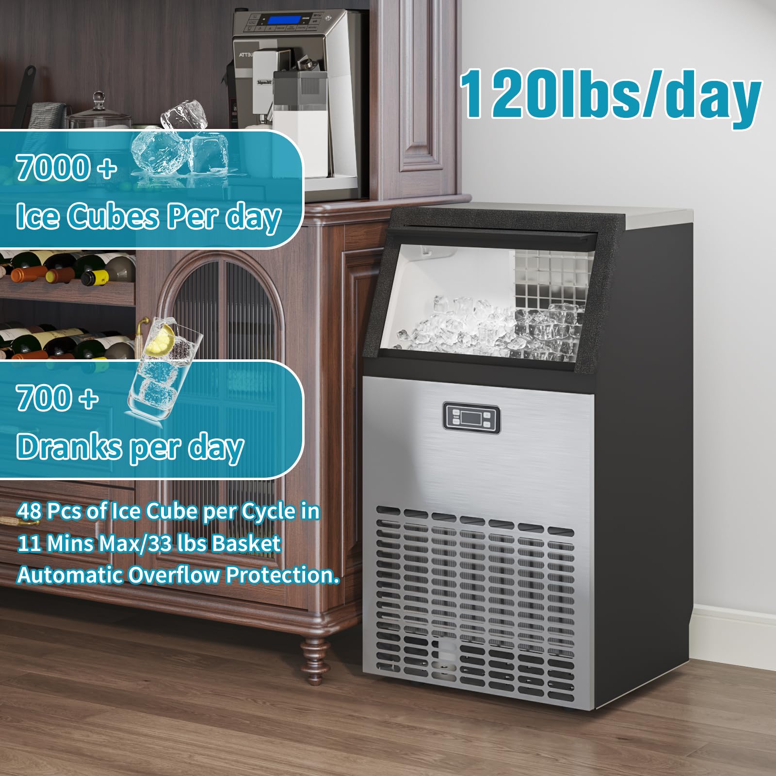 Erivess 120lbs/24H Commercial Ice Maker Machine, 48 Cubes/11mins Stainless Steel Under Counter ice Machine with 33lbs Ice Storage Capacity, Self-Clean Freestanding Ice Maker