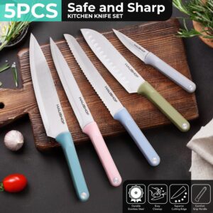 HAUSHOF Kitchen Knife Set, 5 PCS Colorful Kitchen Knives with Sheaths, Non-Stick Coated Stainless Steel Blades for Slicing, Dicing&Cutting, Gifts Knife Set with Ergonomic Handle for Dad, Mom, and Wife