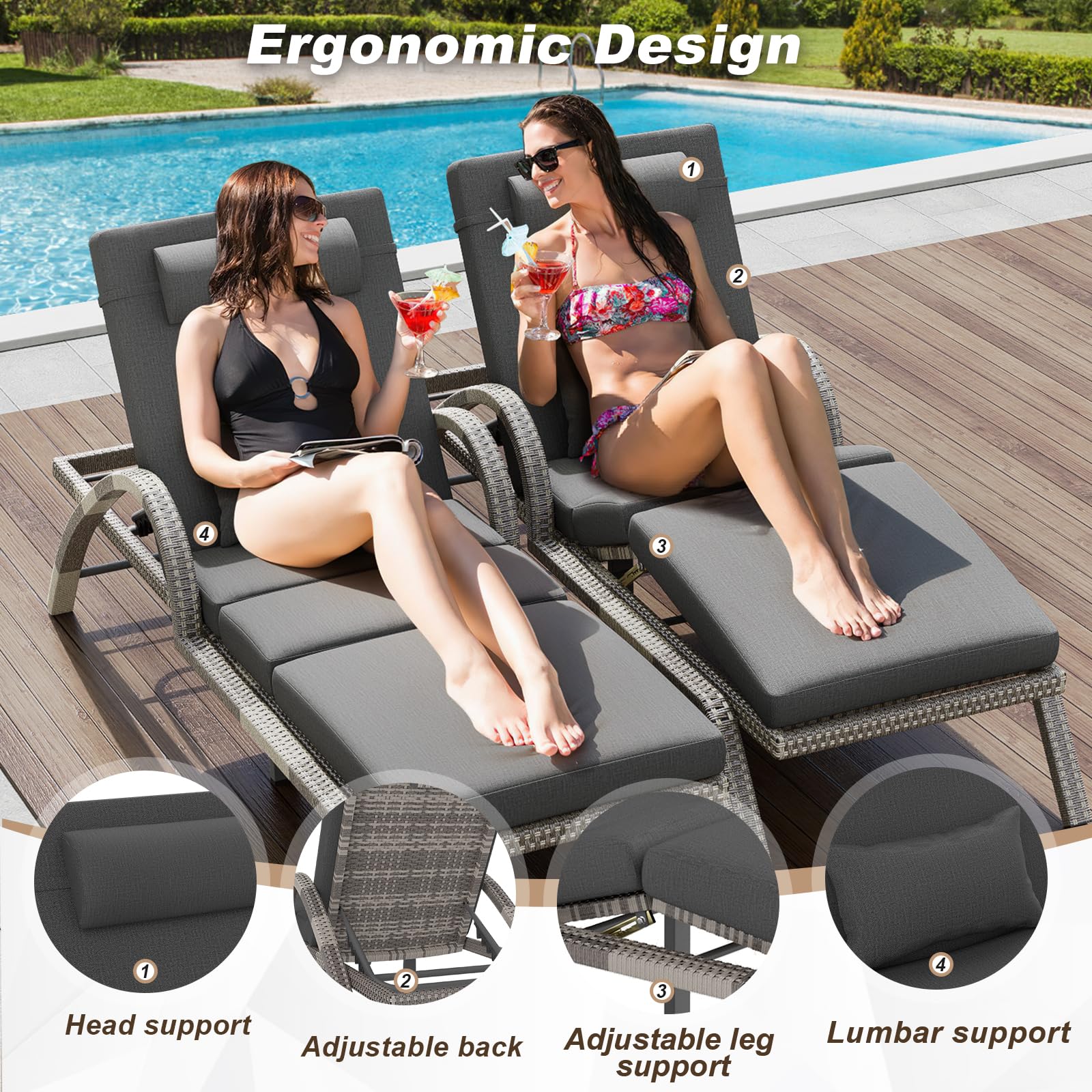 MEISSALIVVE Outdoor Lounge Chairs Set of 2, Pool Lounge Chairs with Adjustable 5 Position Backrest & Leg Support, PE Rattan Chaise Lounge Patio Chairs for Backyard Porch Deck (Grey)