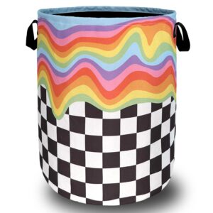 rainbow grey white plaid laundry hamper colorful hippie funny laundry basket with handles foldable oxford cloth tote bag clothe toy storage bucket 18.9x16.5for bathroom/laundry/bedroom