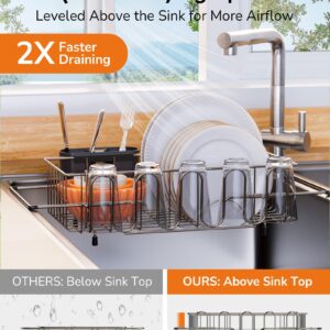 ULG Dish Drying Rack Kitchen Sink Dish Drainer Stainless Steel in/Over The Sink Drying Rack for Dishes Plates Glasses Silverware with Cup and Cutlery Holders Quick Drying Arms Extendable, Medium Size