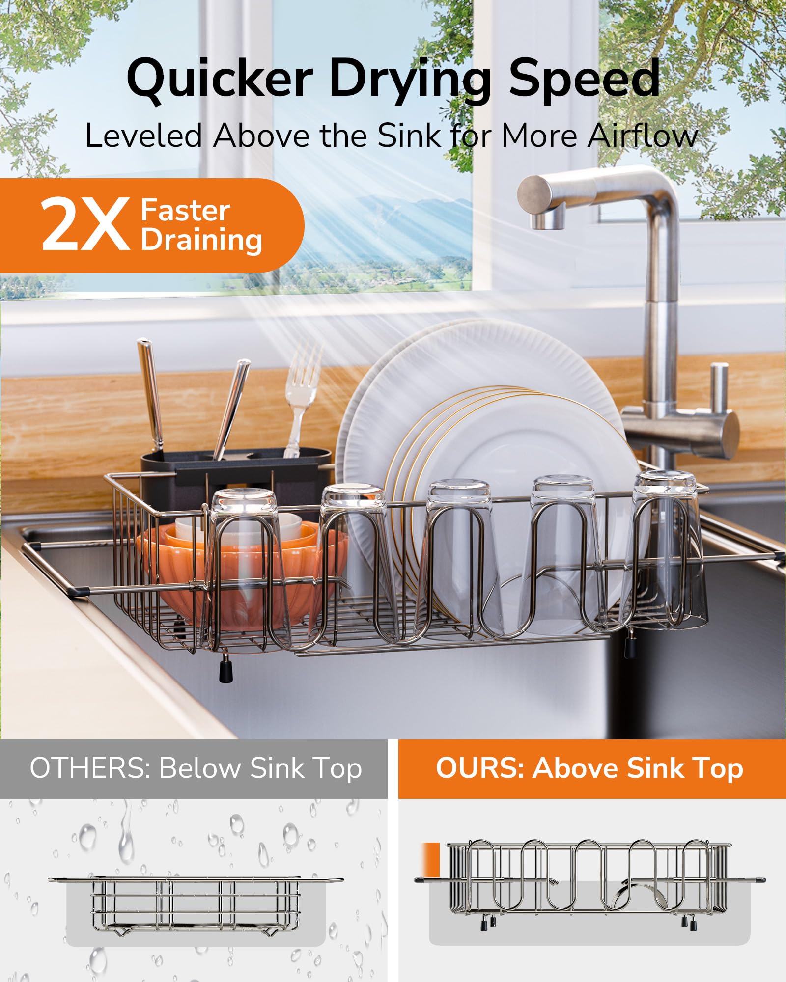 ULG Dish Drying Rack Kitchen Sink Dish Drainer Stainless Steel in/Over The Sink Drying Rack for Dishes Plates Glasses Silverware with Cup and Cutlery Holders Quick Drying Arms Extendable, Medium Size