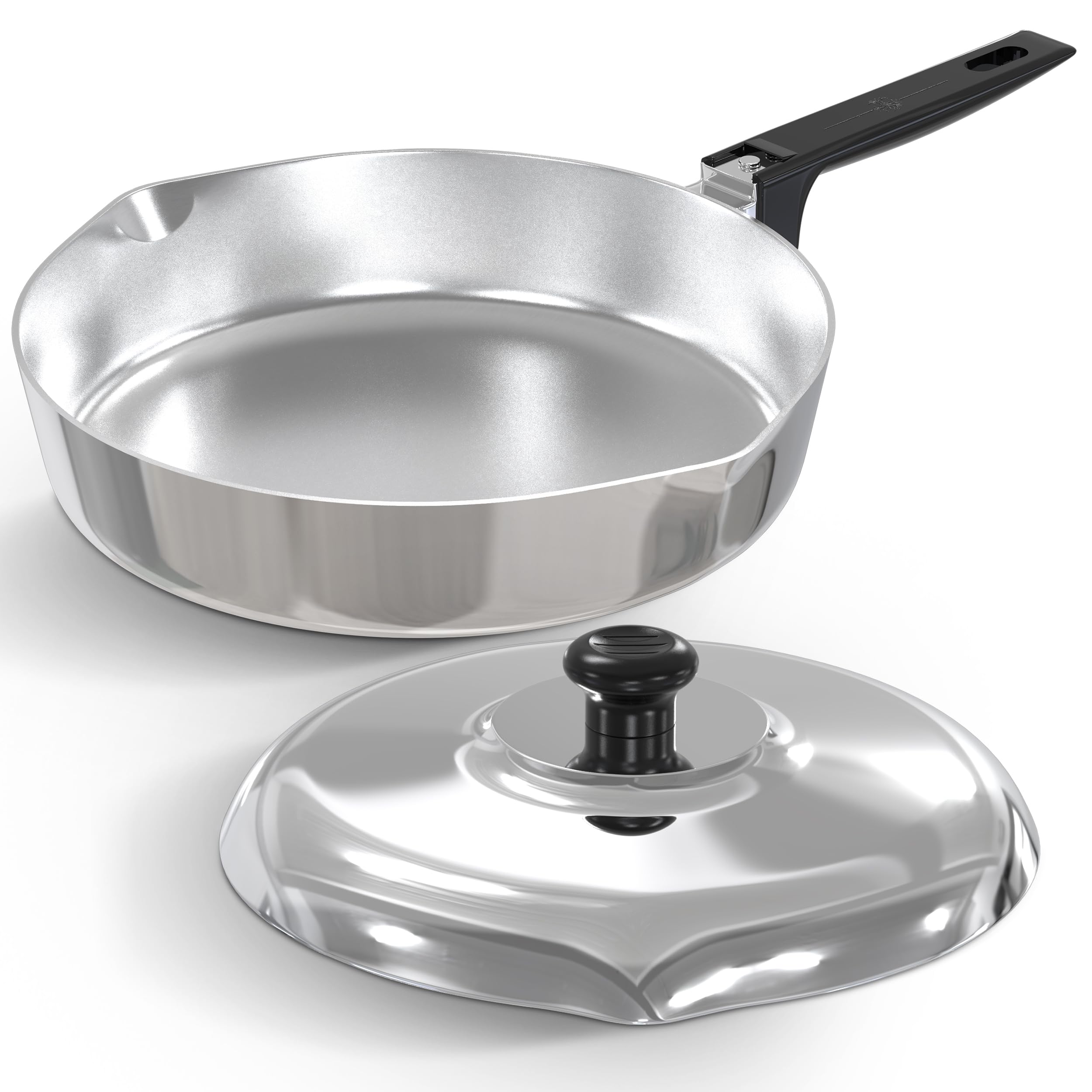 MAGNAWARE Cast Aluminum Sauté Pan with Lid 10 inch - Oven Safe Deep Frying Pan with Lid, Two Side Spouts and Ergonomic Stay-Cool Handle for Comfortable Grip and Pouring (3 Quart)