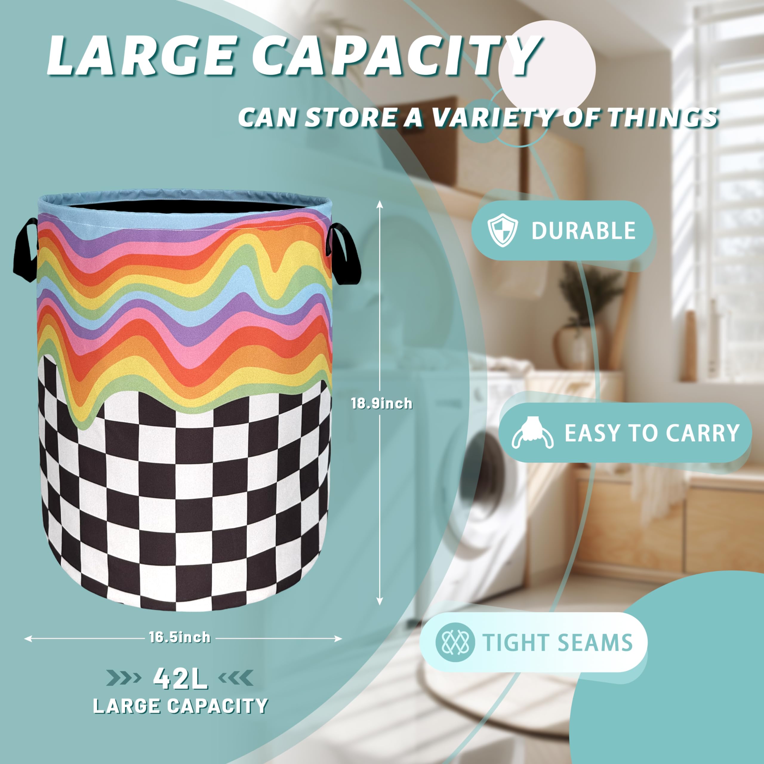 Rainbow Grey White Plaid Laundry Hamper Colorful Hippie Funny Laundry Basket With Handles Foldable Oxford Cloth Tote Bag Clothe Toy Storage Bucket 18.9x16.5For Bathroom/Laundry/Bedroom