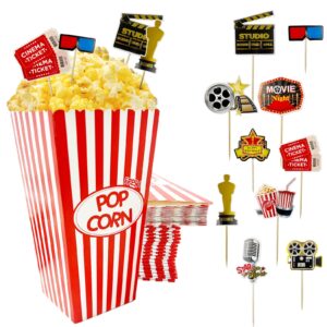 snail garden 30pcs 46oz popcorn boxes, with 20pcs movie snack decoration cupcake toppers, red/white food container,disposable durable paper boxex for hollywood theme baby shower kids birthday party