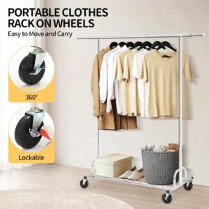 Rengue Clothing Rack Rolling Clothes Racks for Hanging Clothes, Heavy Duty Garment Rack Holds 450LBS, Portable Collapsible Clothes Racks with Wheels for Closet Bedroom Laundry Room