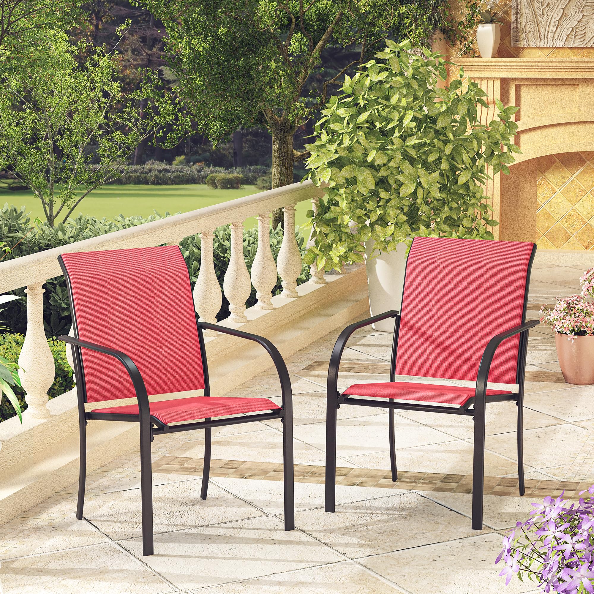 VICLLAX Patio Dining Chairs Set of 2, Stackable Outdoor Chairs Set with Armrests for Poolside, Backyard, Garden, Deck, Porch, Red