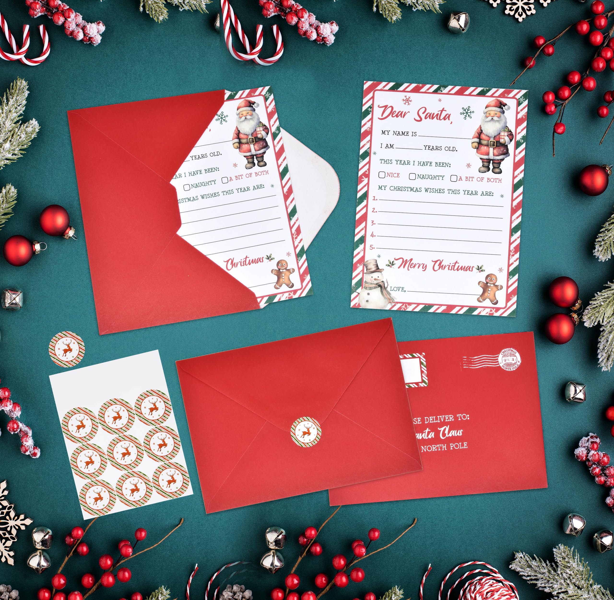 12 Christmas Official Letter To Santa Writing Kit Stationary Paper Sheets with Red Envelopes Address & Seal Stickers Holiday Family Tradition Nice & Naughty Wish List